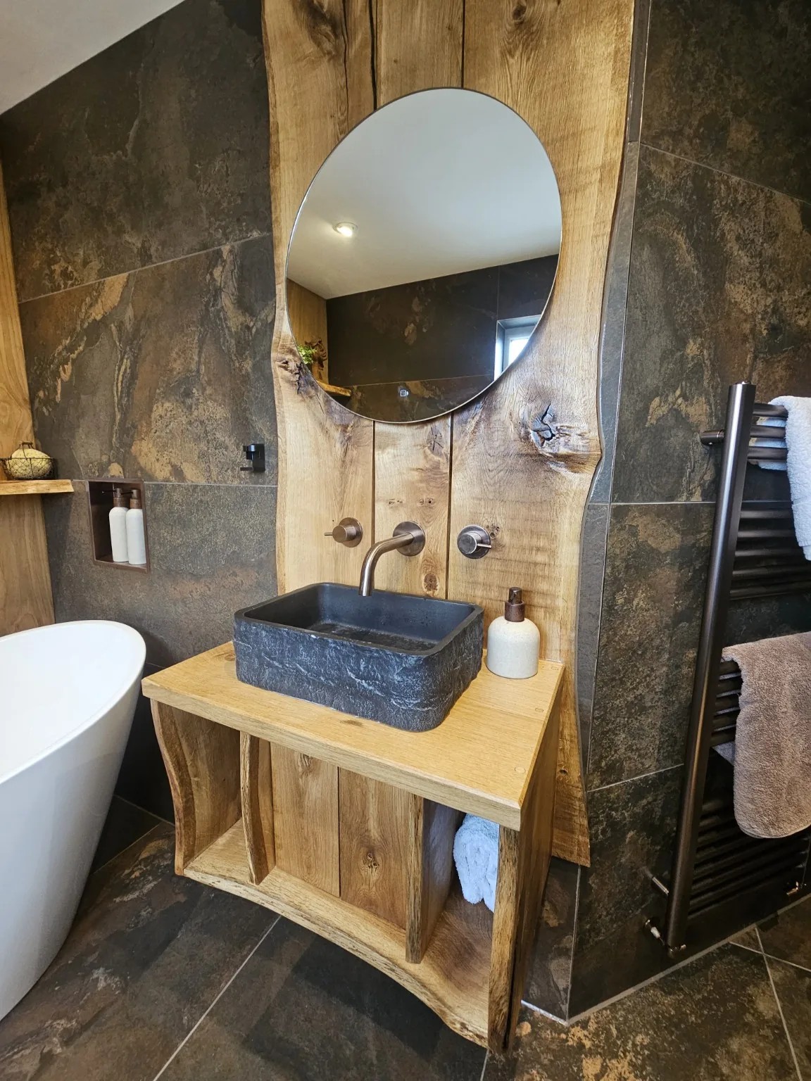 Bespoke rustic oak bathroom vanity and mirror surround